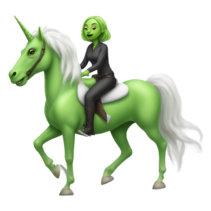 a green amazon alien woman on a four-legged white unicorn sticker