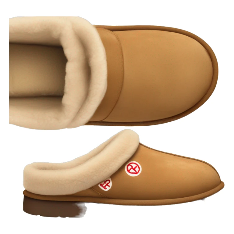 Ugg Camel slip-on slippers. A thin red zig-zag stitch only encircling ankles, VERY chunky platform sole. sticker