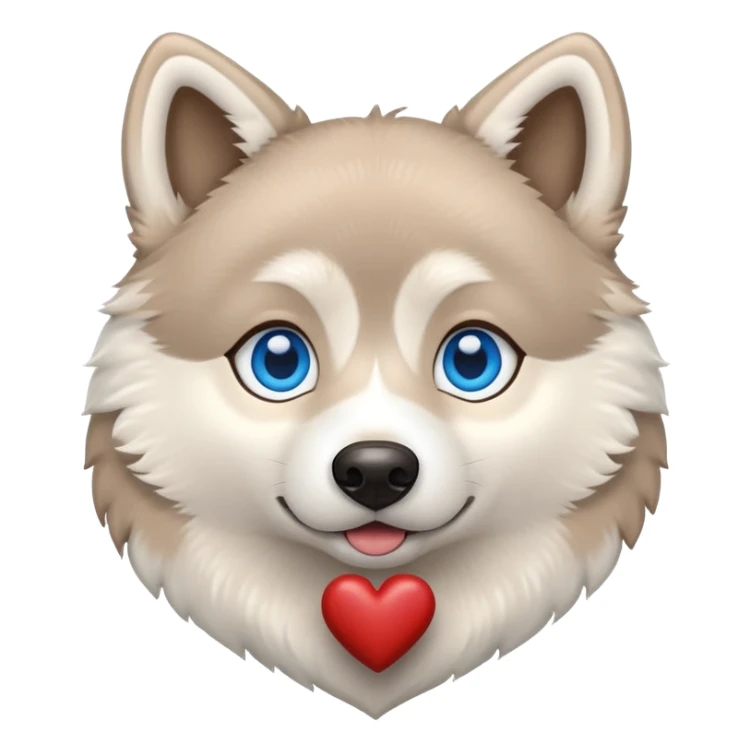 Beige husky with blue eyes holding a brown heart sticker