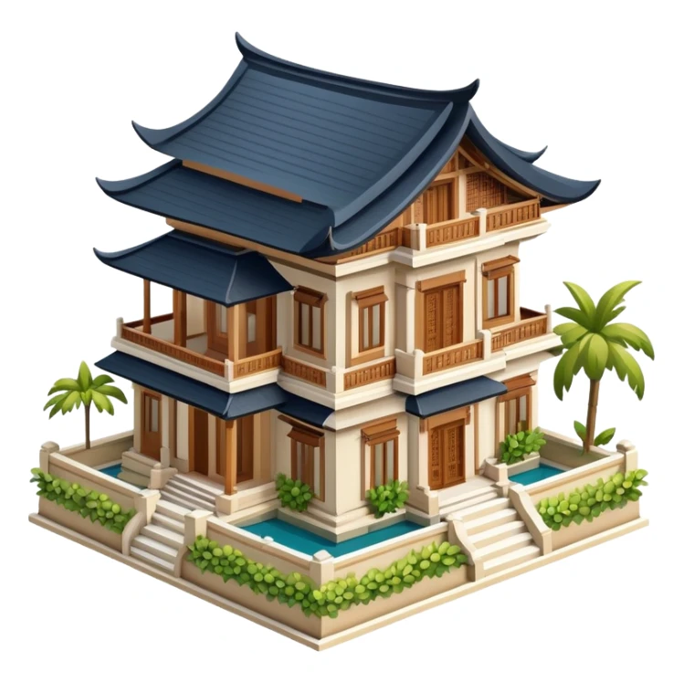 Balinese mansion, isometric dollhouse-style, realistic sticker