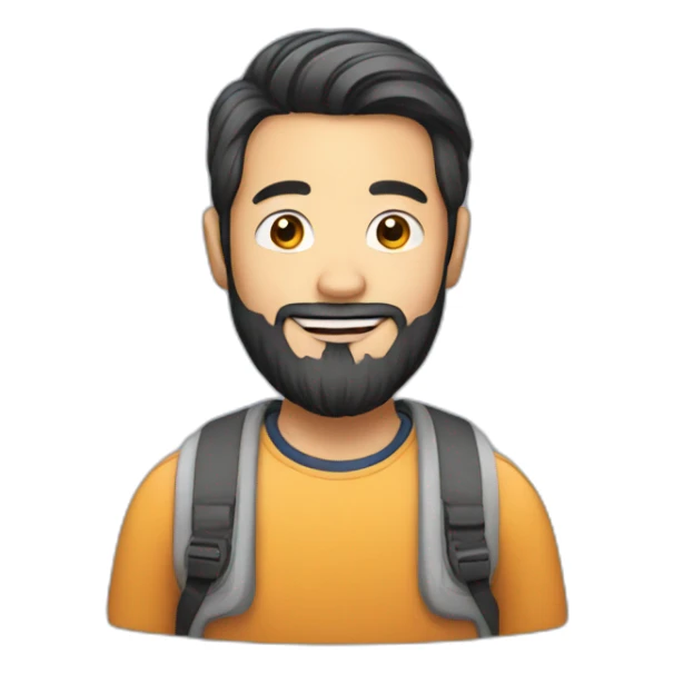 A bearded Asian man with laptop sticker