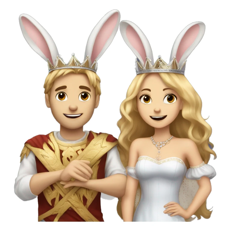 Two rabbits a girl and boy they both have crowns on because they are a queen and king. Boy has blonde hair, girl has long brown hair. They are holding a sign saying Team Bunny Forever  sticker
