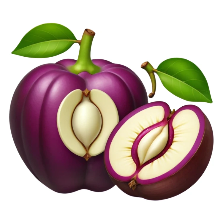whole mangosteen with thick deep purple rind and green segmented calyx on top, next to a halved fruit revealing glossy white segmented flesh inside, soft juicy interior, firm outer shell, no leaves plate or extras, apple emoji style, soft lighting, subtle shadows, transparent background, emoji scale sticker