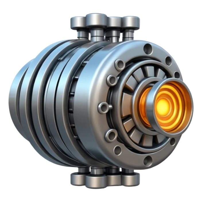 Dynamic high-mass futuristic engine emoji with thick metal housing, rotating components, glowing core, modern tech design. sticker