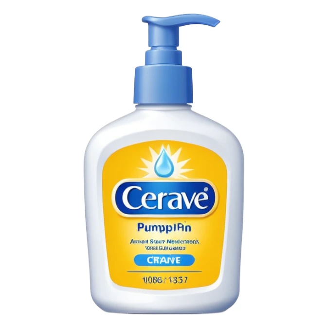 White CeraVe pump bottle with blue label and bright yellow  glow badge. Floating in golden morning light, encircled by radiant sunbeams and shimmering protective particles. A shield of light surrounds it like a solar barrier. Glossy, potion-like, symbolizing daily moisture and powerful sun defense. sticker