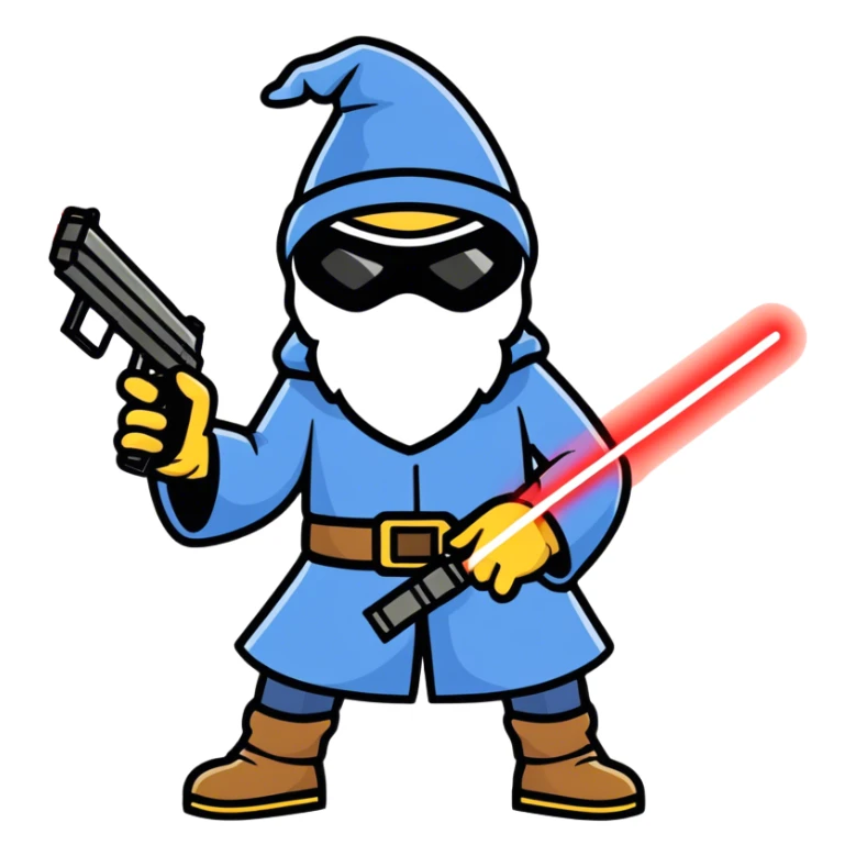 Wizard with ski mask on and gun with laser beam sticker