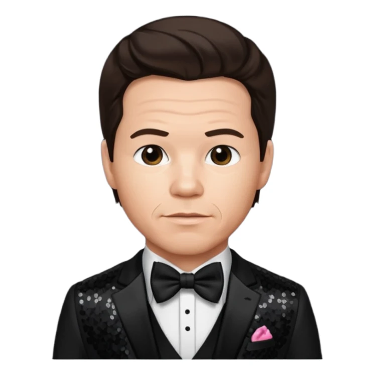 Mark Wahlberg with dark brown hair, black sequin suit with bow tie sticker