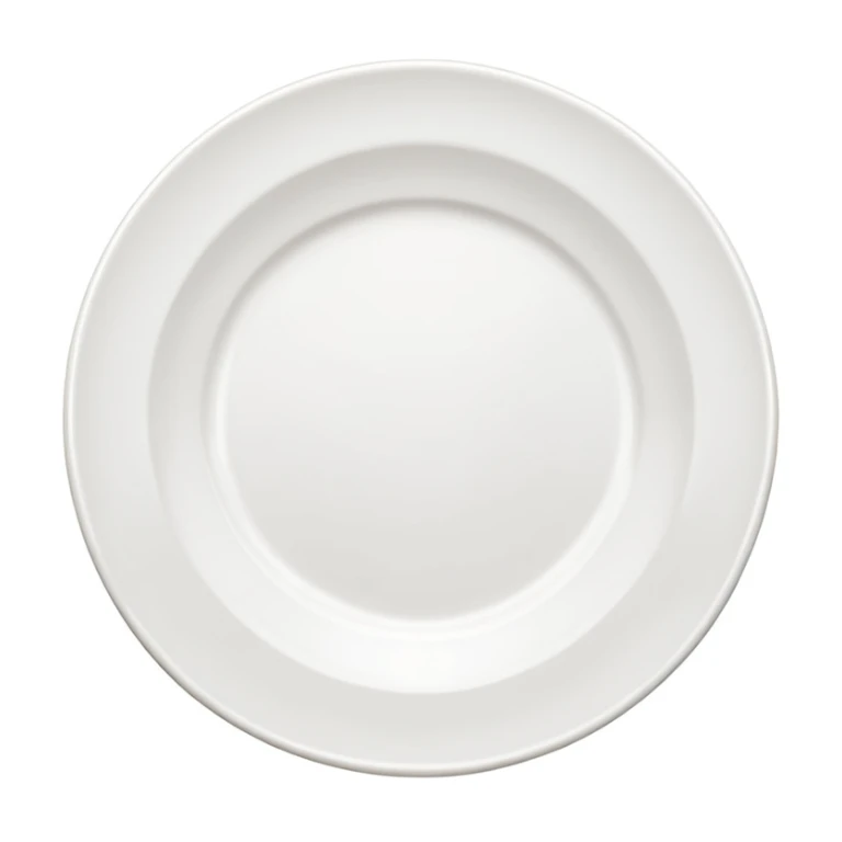 an empty plate, top-down view, simple, white ceramic, no food sticker