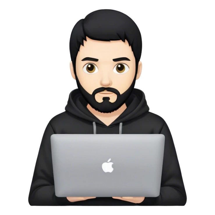 hackeur blanc cheveux noir barbe et capuche noir avec un macbook sticker