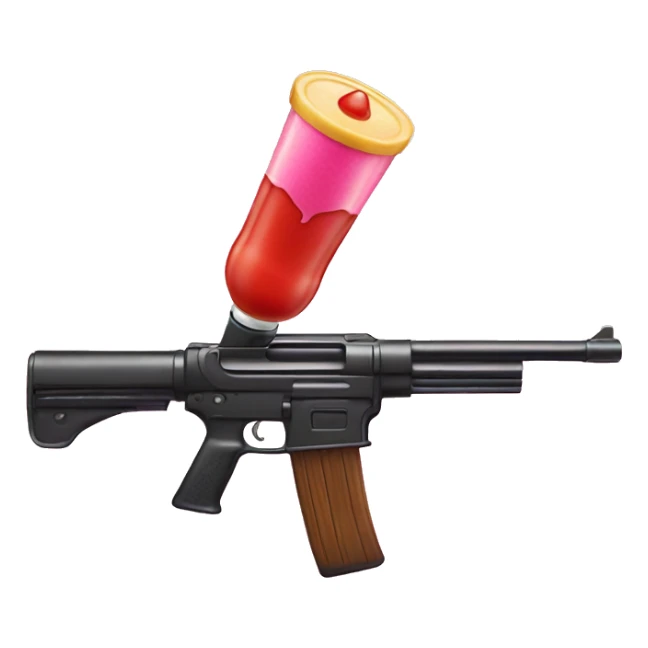 Toy gun that is shooting a pink bullet  and ketchup on it sticker