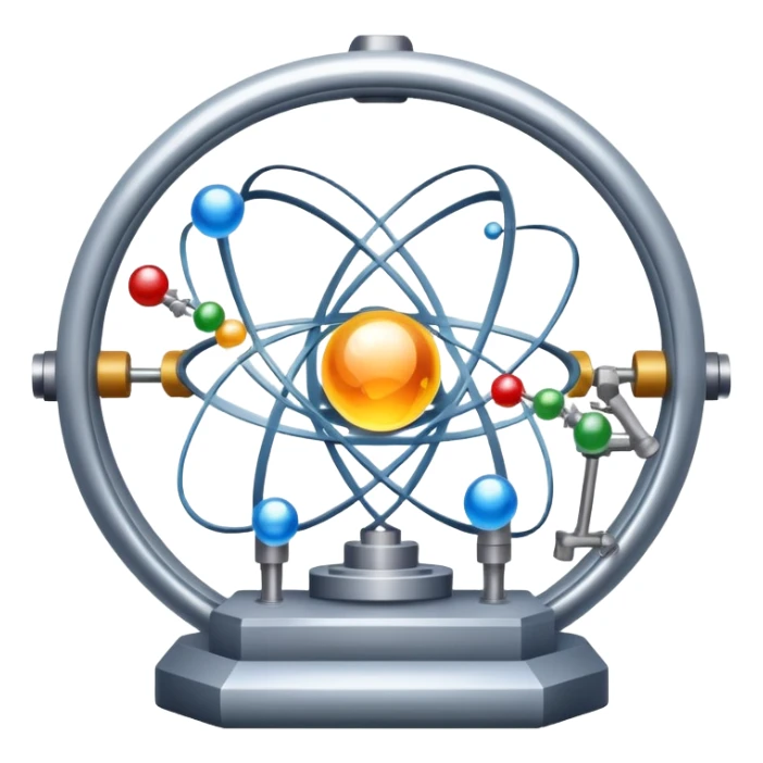 An icon featuring a large particle collider, atom symbols, and energy waves, symbolizing the field of physics. The design includes a lab setup with scientific equipment, representing experiments and fundamental forces of nature. Transparent background highlights the exploration of matter and energy. sticker
