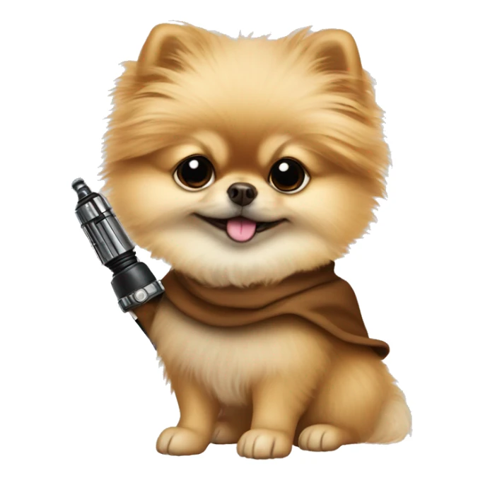 Pomeranian dressed as Luke Skywalker holding a lightsaber sticker