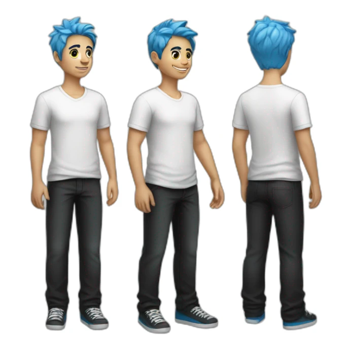 A boy with blue hair, a white shirt and black pants is looking good. sticker