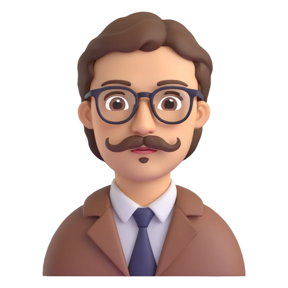man with light skin, brown hair, mustache, and glasses, neutral expression sticker