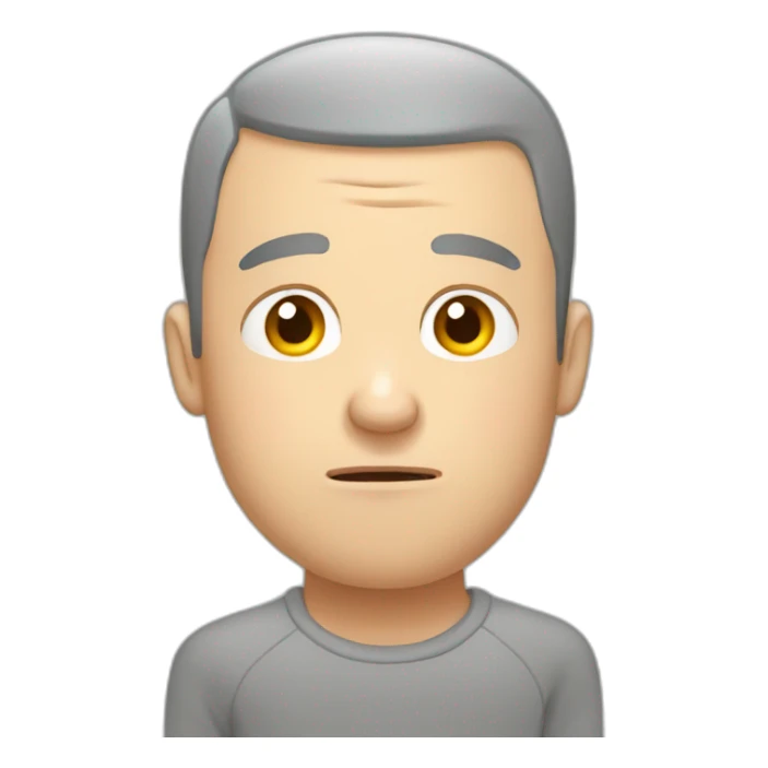 tired white man with buzz cut in gray sweatshirt and anxious sticker