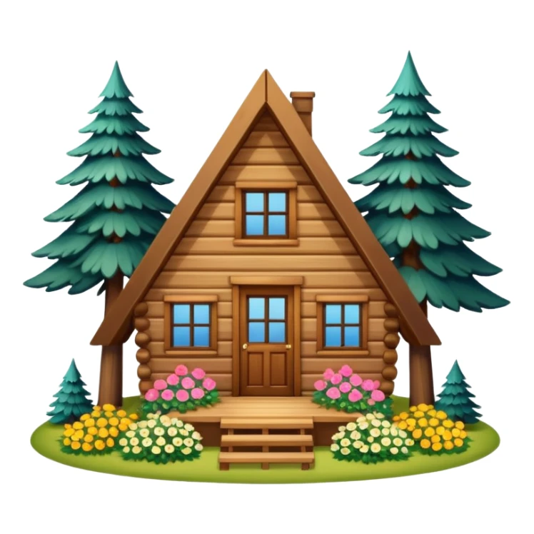 triangle small cabin in the woods, surrounded by pines, with flowers around sticker