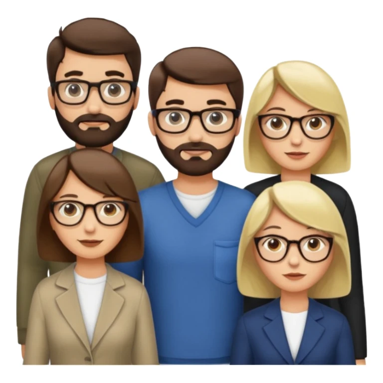 Four people including a man with hair and glasses, a man with a beard and no glasses, a woman with long brown hair and no glasses and a woman with a blonde bob and no glasses sticker