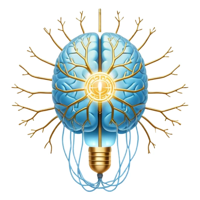 Pearlescent and light blue floating capsule suspended in front of an ethereal brain illuminated by golden electrical pulses branching into a neural network pattern, awakening lucidity. A soft light also surrounds a small liver symbol, all rotating in an aura of focus and internal connection sticker