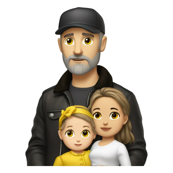 White-skinned slavic man with stubble, gray beard, brown hair, black eyes, black Reebok cap, leather jacket, holding infant girl in yellow dress with yellow bow. sticker