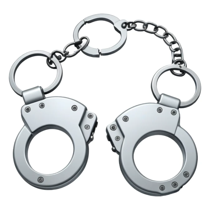 An emoji of metallic handcuffs, slightly open, with a reflective silver surface. Simple and modern design, symbolizing punishment, law enforcement, or justice sticker