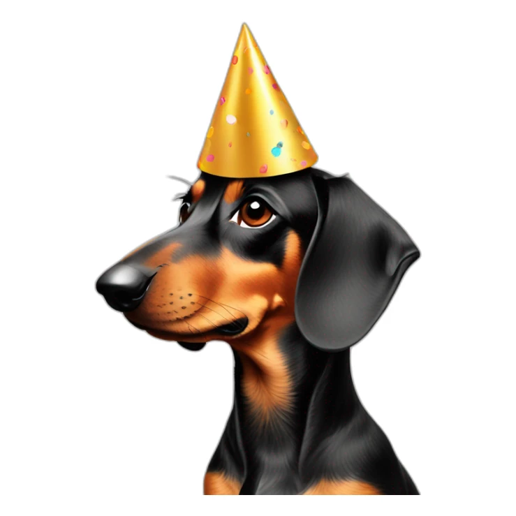 sideview of a dachshund wearing a party hat sticker