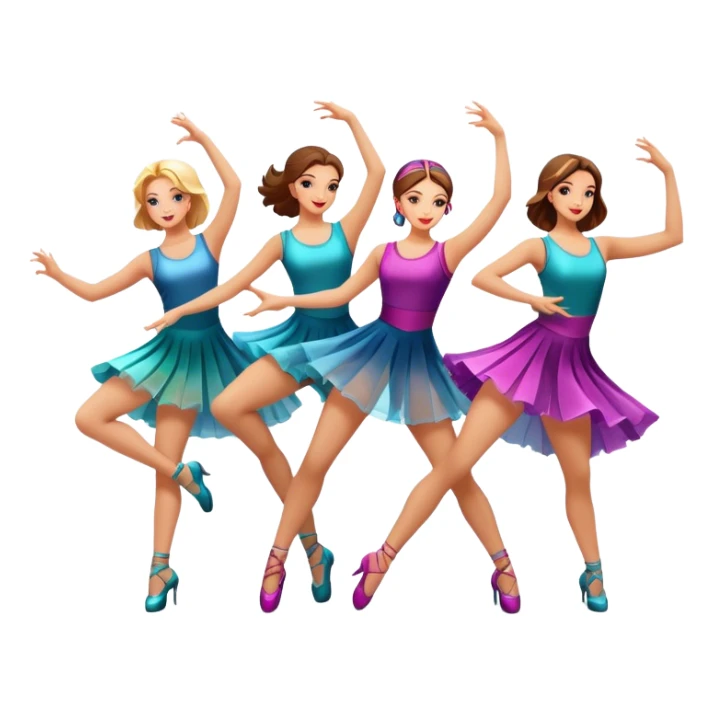 Icon for Contemporary Dance: a synchronized group dance performance with dancers in modern outfits, performing on stage with bright spotlighting and energetic movement. The icon should capture the dynamic and vibrant nature of contemporary dance. Transparent background. sticker