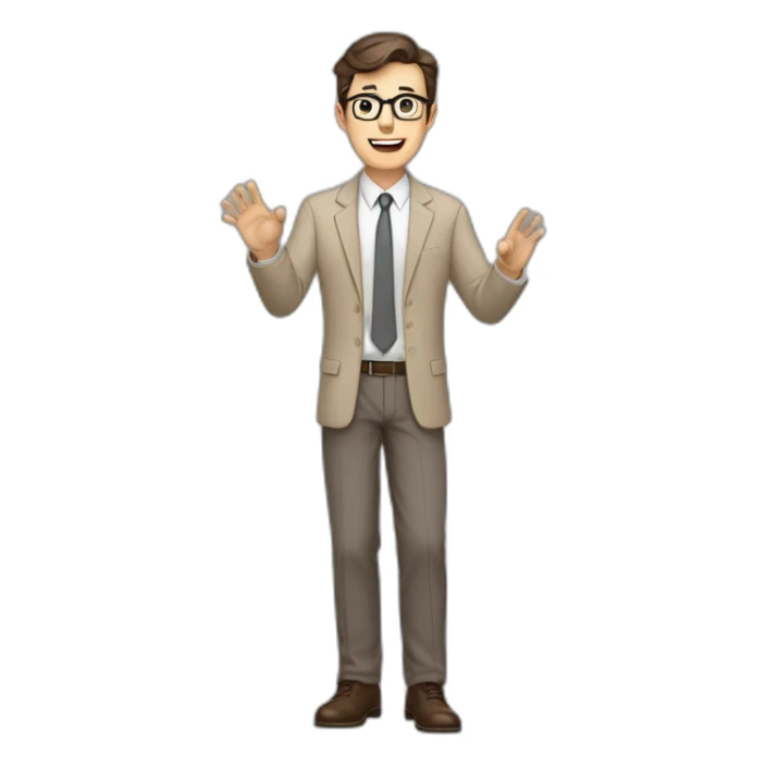 To belt Actively gesturing with hands Pale skinned fit man teacher with dark brown hair in gray jacket, beige office shirt, brown tie, brown pants and vintage glasses. sticker