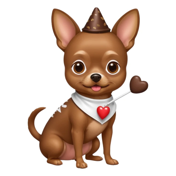 Brown chihuahua wearing a Hershey kiss costume sticker