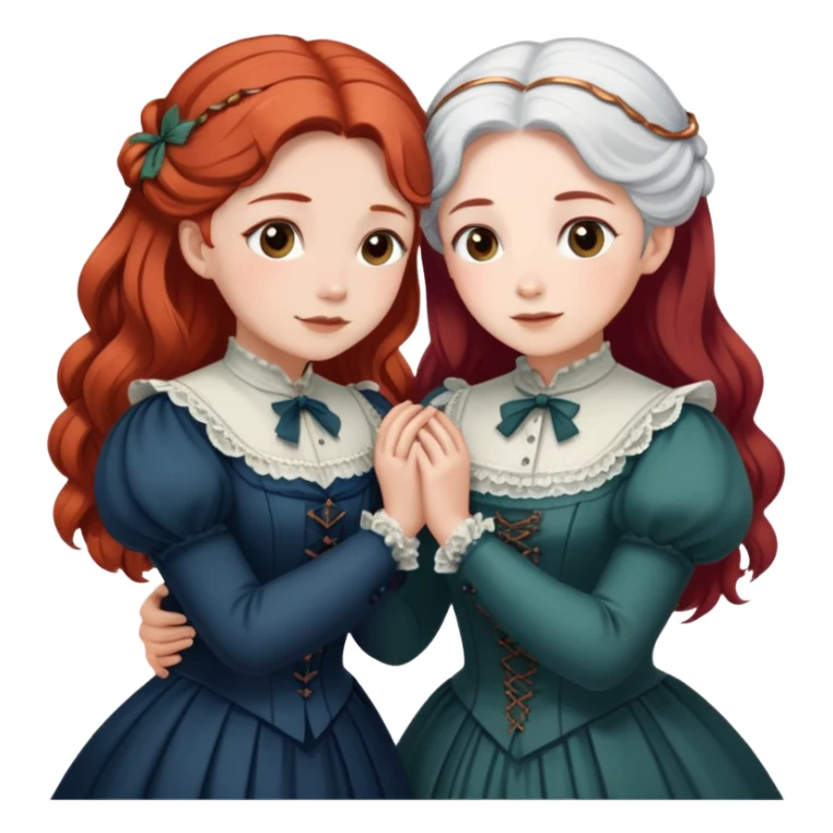 Two modest Victorian women hugging, one with white hair and one with copper red hair, wearing long Victorian dresses sticker