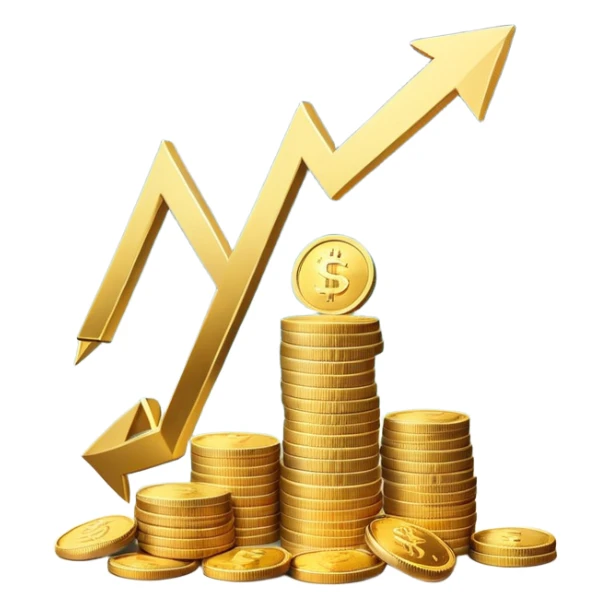 financial scenario with coins and upward arrow sticker