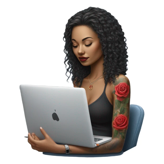 Hyper Realistic beautiful woman model with a small rose tattoo typing on a laptop  sticker