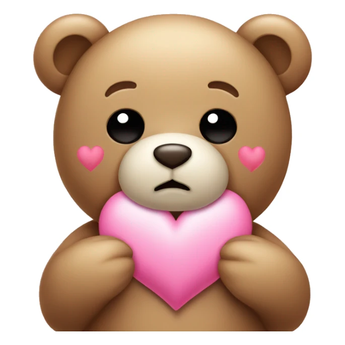 Kawaii Teddy bear with sad eyes holding a pink heart sticker