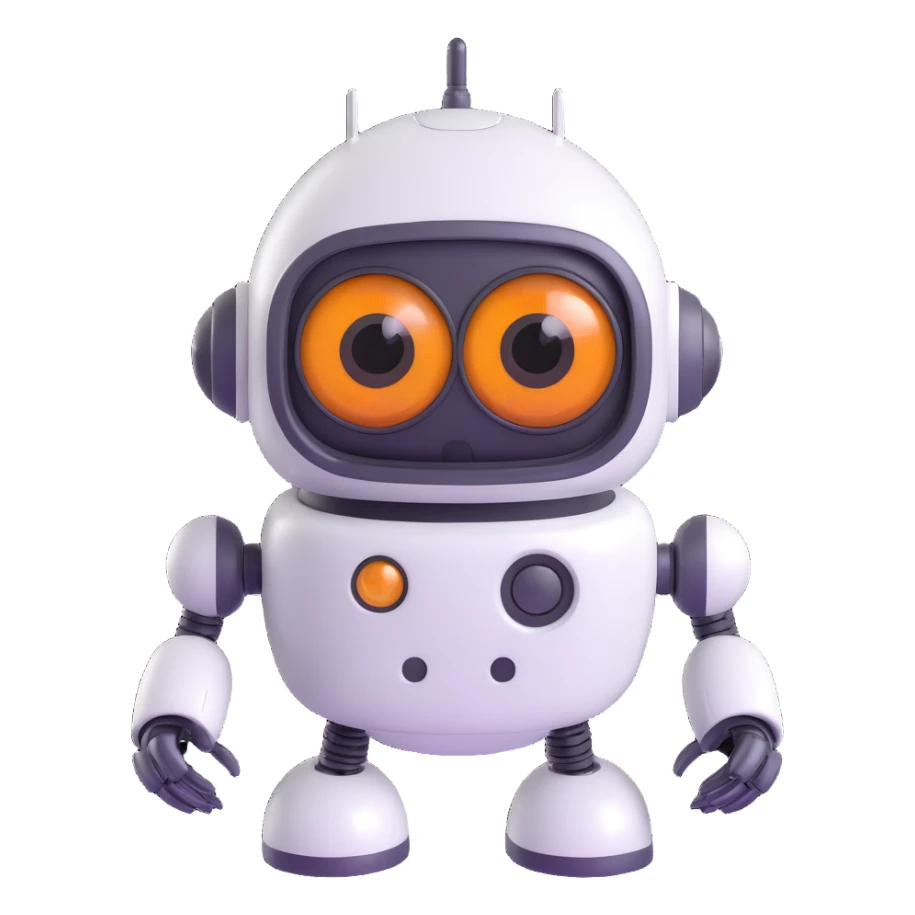 Friendly robot with big expressive eyes — round head, glossy finish, slightly clumsy but charming (think Wall-E meets Baymax). sticker
