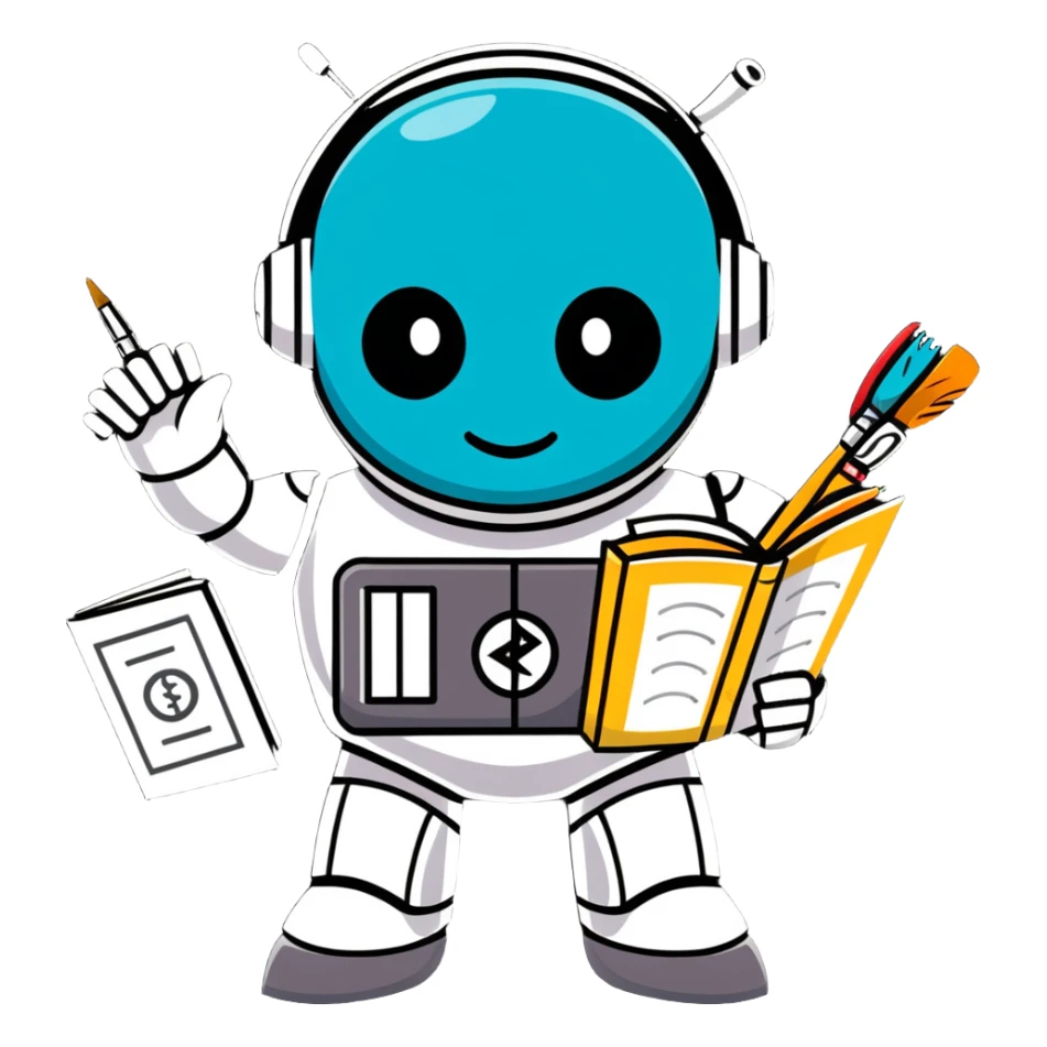 A shiny metal robot man with a circular chest plate divided into four segments, each featuring an art symbol: paintbrush, musical note, drama masks, and book sticker