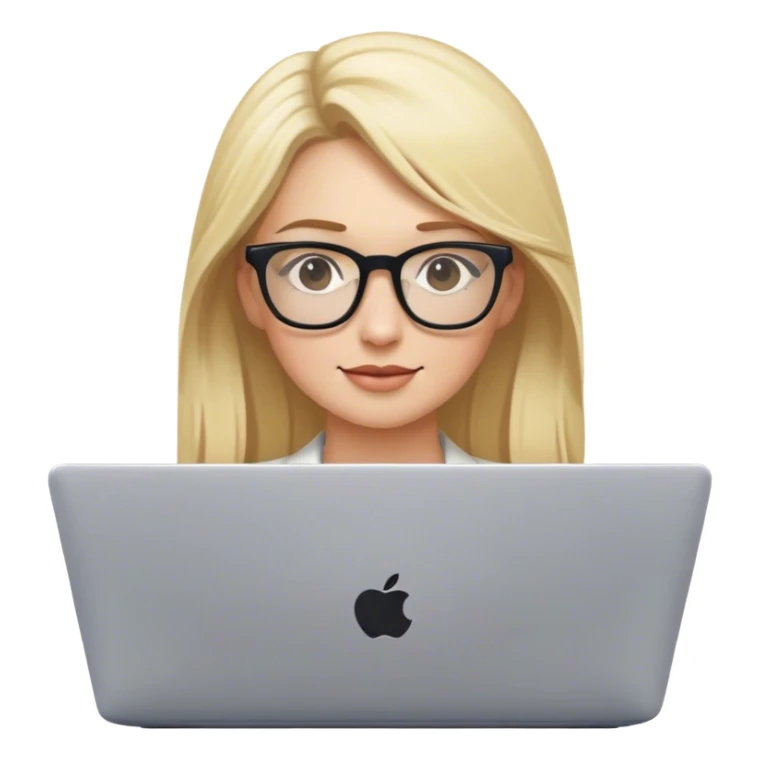 Blonde woman at laptop with glasses sticker