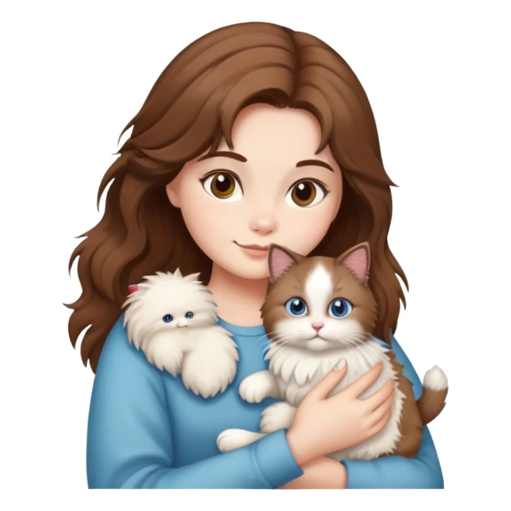 brown-haired girl holding a fluffy ragdoll cat sticker