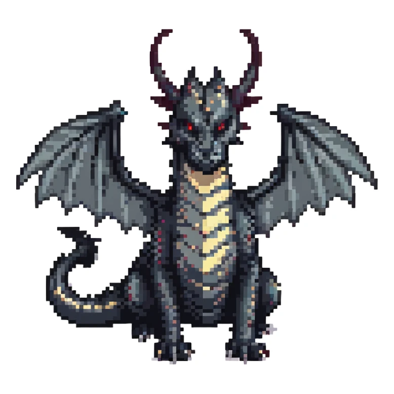 fierce black dragon with large wings and two medium horns, pixel art style sticker