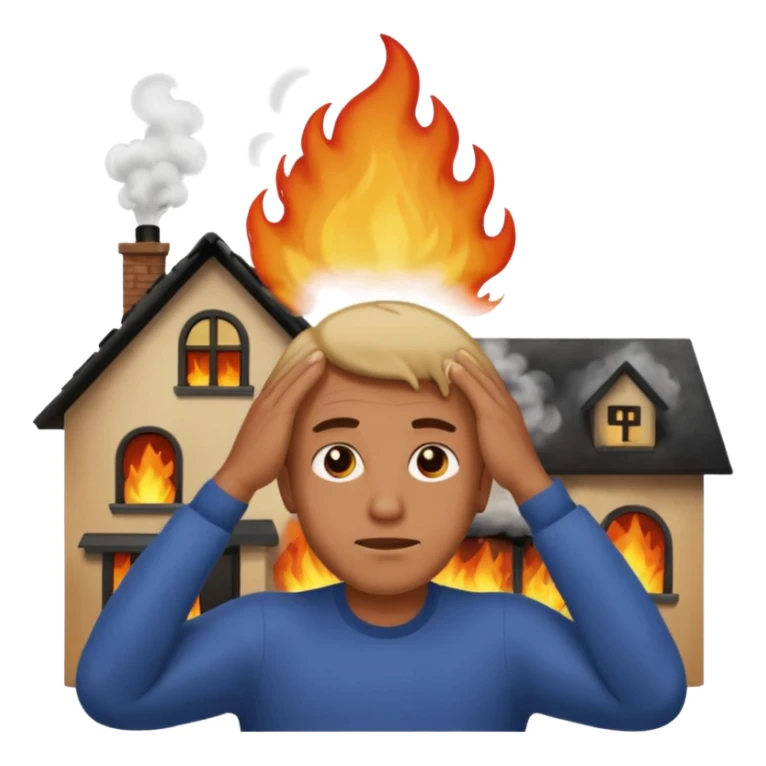 a man stands with his hands on his head, a house on fire behind him, with more smoke, apple style emoji sticker