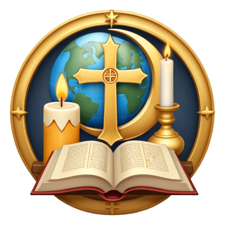 An icon featuring a holy book, a candle, a cross, and Islamic crescent and star, alongside a Buddhist wheel of Dharma, symbolizing religious studies. The design includes a globe with these symbols, representing the diversity of beliefs. Transparent background  sticker