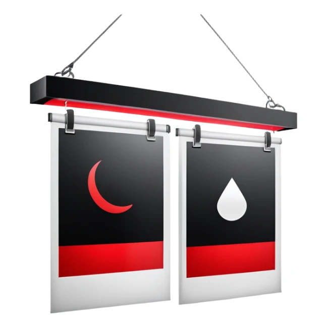 Darkroom with red safelight and hanging film negatives drying sticker