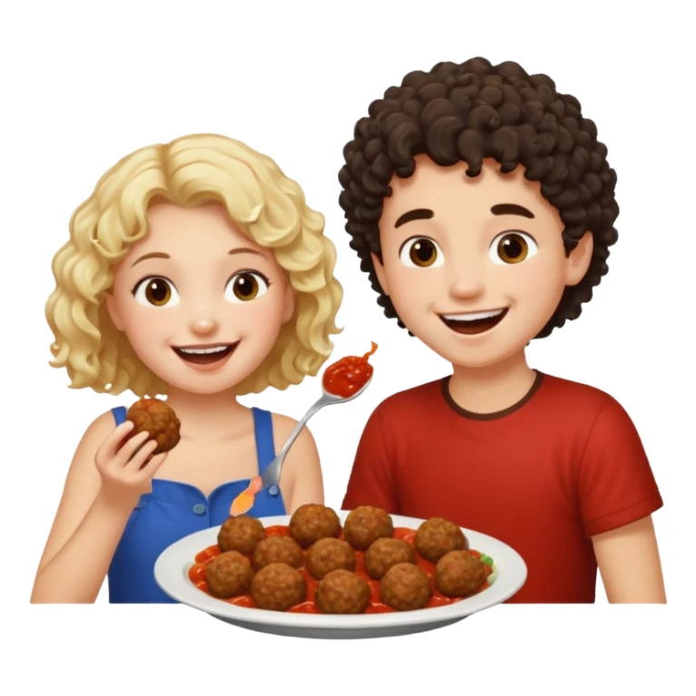 Ragazza bionda leggermente riccia che ride ad un ragazzo con i capelli ricci scuri mentre mangia polpette sticker