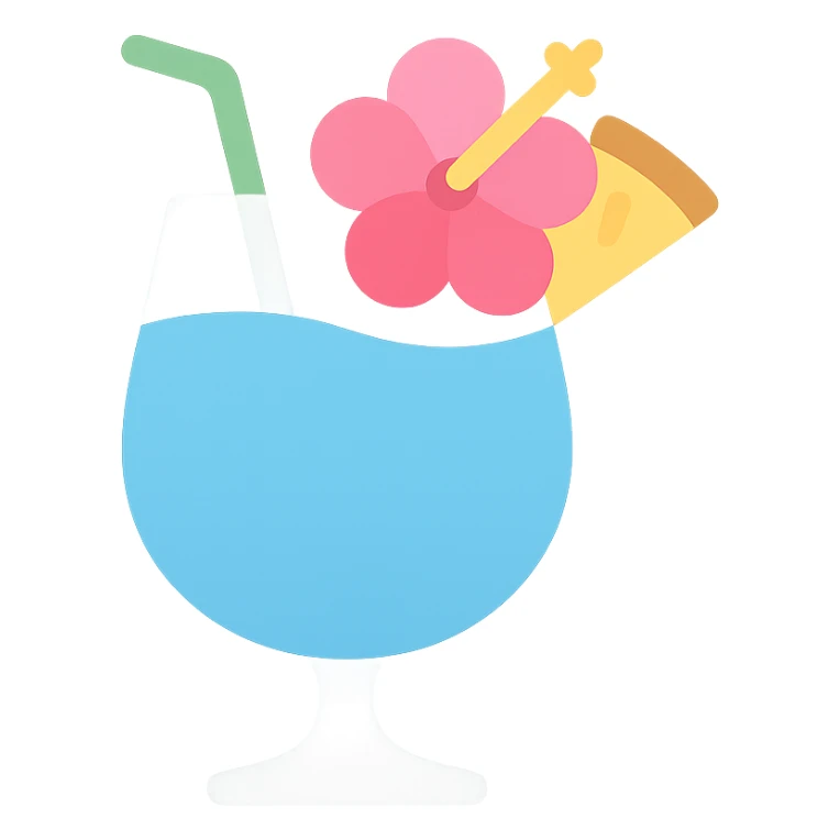 tropical fruity blue cocktail with hibiscus and pineapple garnish sticker