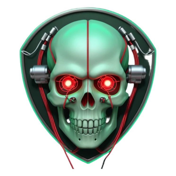 Cyberpunk shield, skull with cybernetic implants, glowing wires, dark green and red tones, no background sticker