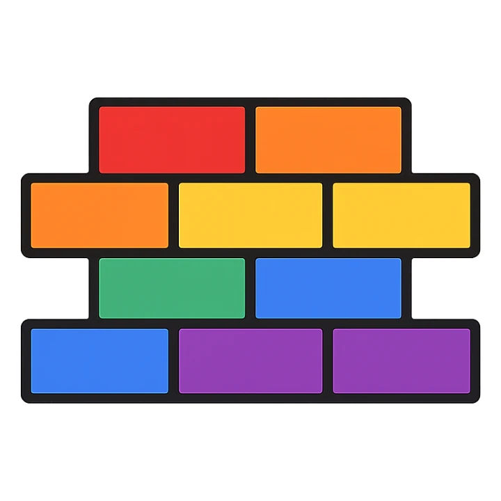 a vibrant brick wall where each brick is a different color from the LGBTQIA+ pride flag, clear separation between bricks, visually representing the pride flag colors sticker