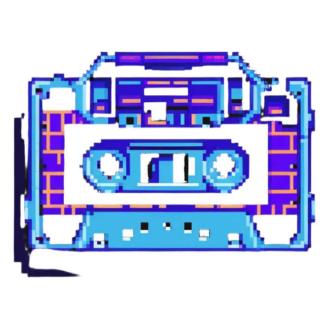 cassette tape with purple and blue neon colors and retro grid background sticker
