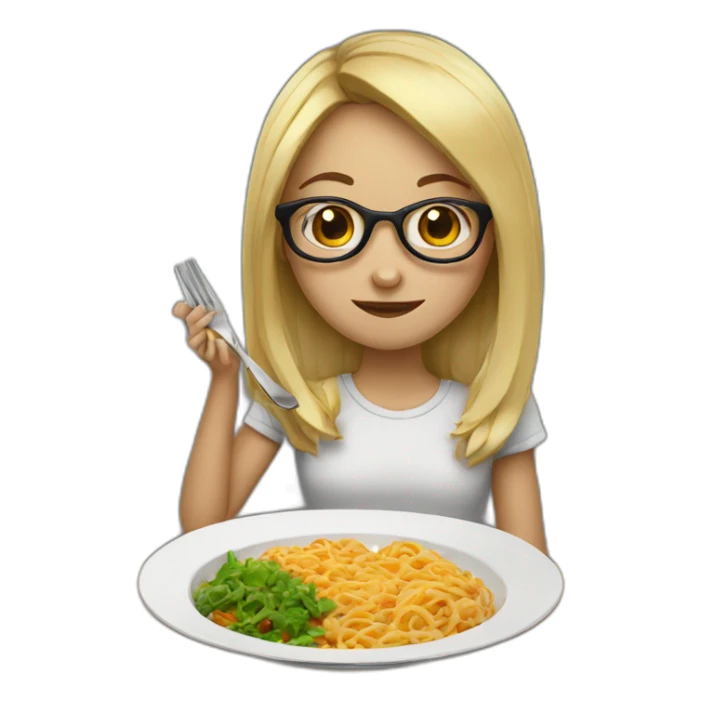 girl with glasses eating a plate with bami sticker