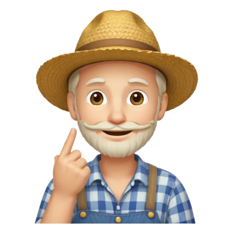 “A single emoji-style character combining 👨‍🌾😄 and 🤔: a smiling farmer man with a straw hat, friendly face, and light beard, holding one hand under his chin in a thinking gesture. His index finger rests under his face, eyes looking slightly upward as if thinking.  sticker