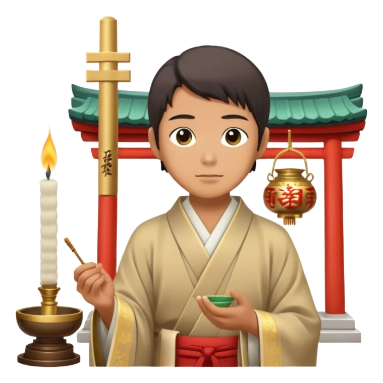 Japanese man offering incense at shrine scene  sticker