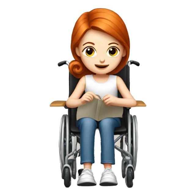 Young redhead girl in a wheelchair sewing  sticker