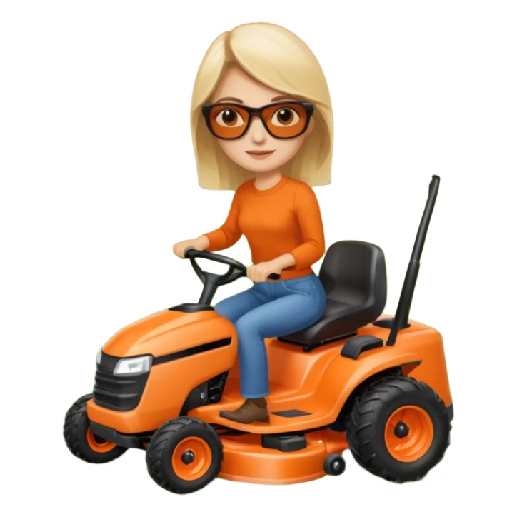 White woman on orange ride on lawn mower cutting lawn sticker